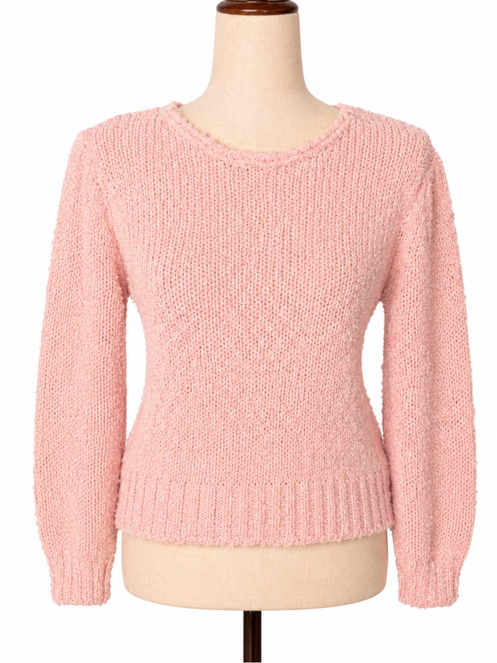 Vintage 80s bumpy knit pink puff sleeve sweater with gold metallic thread. S